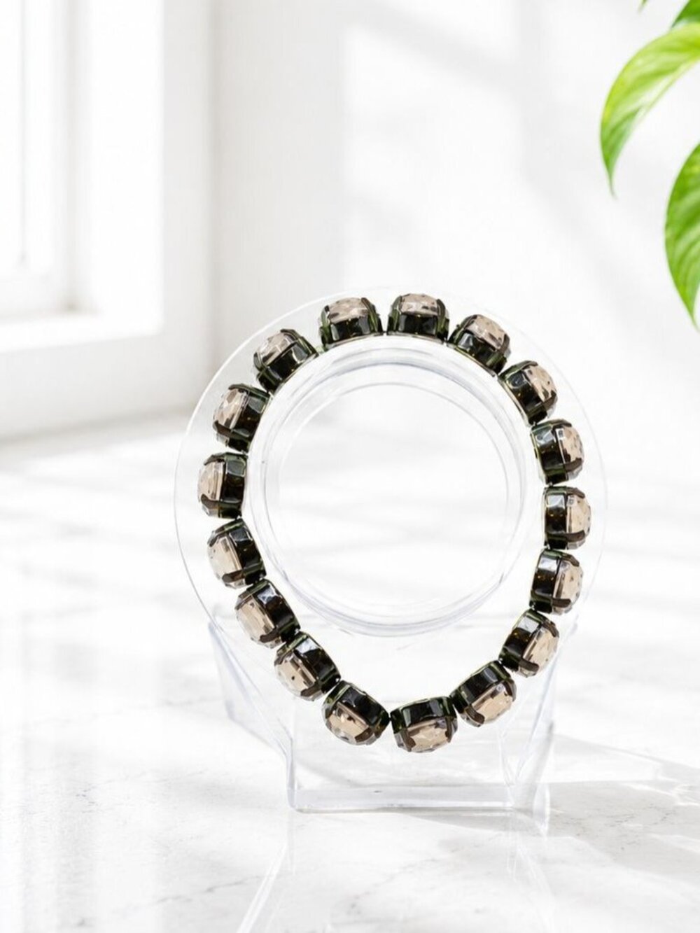 Vintage Smoky Crystal Stretch Bracelet With Brass Setting Faceted Stones And Ret